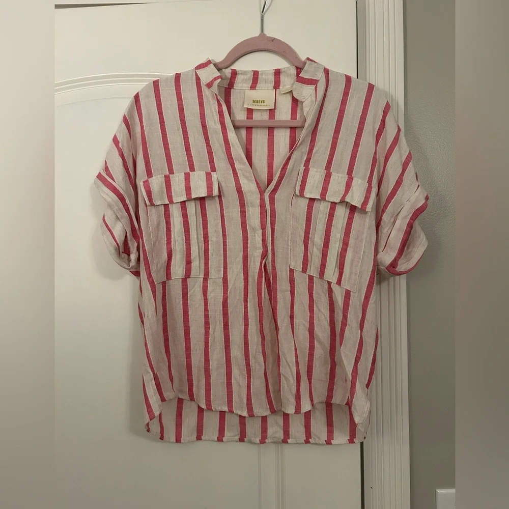 Anthropologie Maeve Amira Striped Linen Blend Top Ivory Pink - Picture 2 of 6